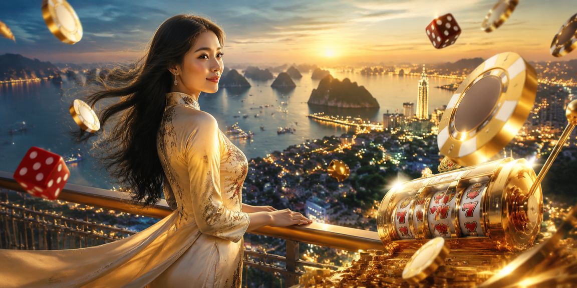 Phụ nữ mặc áo dài xem thông tin cá cược trên điện thoại với cảnh Vịnh Hạ Long phía sau