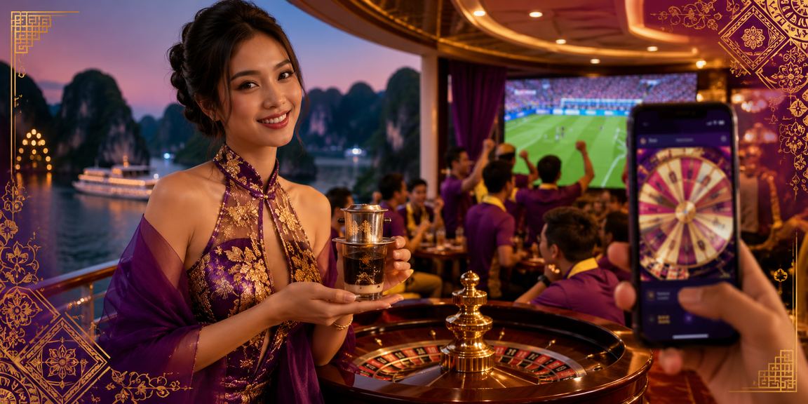 Người dùng chơi roulette trực tuyến bên tách cà phê với cảnh Vịnh Hạ Long