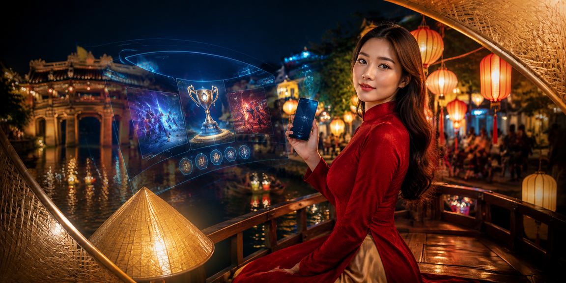 Người chơi trẻ trong trang phục áo dài trải nghiệm cá cược esports và jackpot tại Hội An