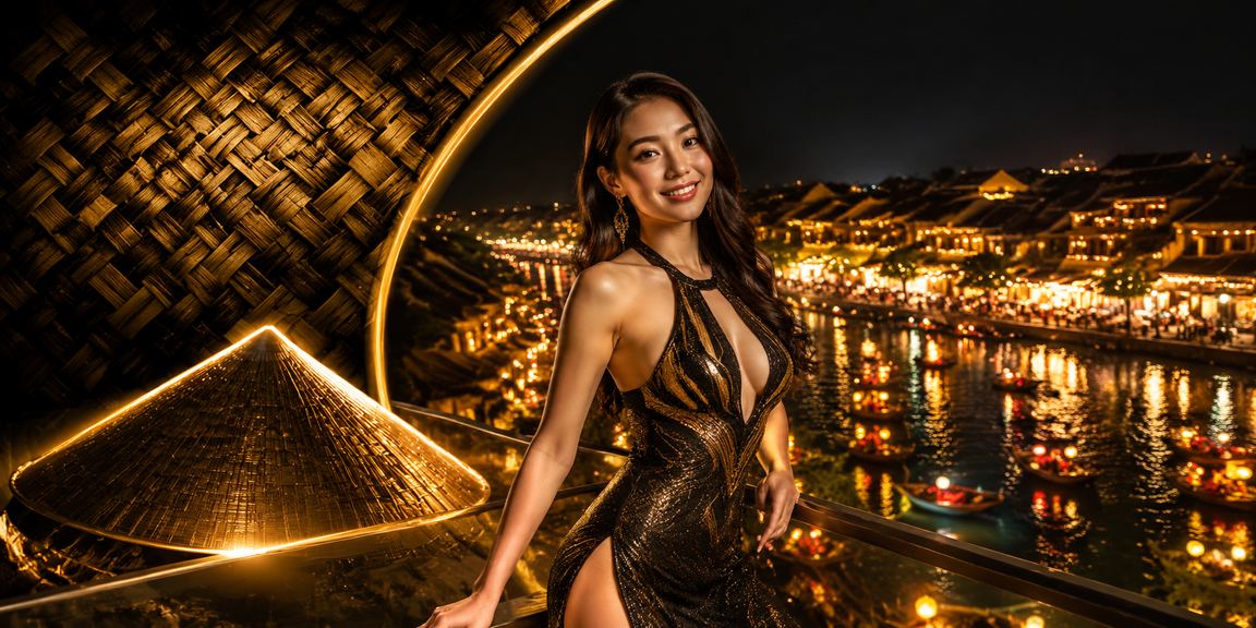 Người đội nón lá tại Hội An đang chơi slot game trên điện thoại bên hàng đèn lồng